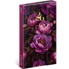 Határidőnapló mágnessel záródó, heti, fehér lapokkal Purple Flowers 130x210 mm, Presco