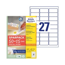 Etikett címke, 63,5x29,6mm, univerzális, 65 lap, 27 címke/lap Avery, fehér Etikett címke, 63,5x29,6mm, univerzális, 65 lap, 27 címke/lap Avery, fehér