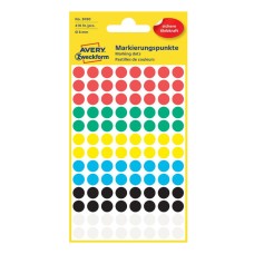 Etikett címke, o8mm, jelölésre, 6 klf. szín 104 címke/ív, 4 ív/doboz, Avery vegyes