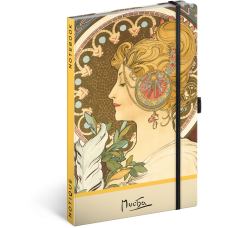 Keménytáblás notesz krémszínű lapokkal, pontozott, leszorító gumiszalaggal Alphonse Mucha – Feather 130x210mm, Presco Keménytáblás notesz krémszínű lapokkal, pontozott, leszorító gumiszalaggal Alphonse Mucha – Feather 130x210mm, Presco
