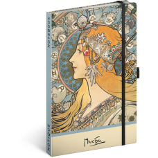 Keménytáblás notesz krémszínű lapokkal, pontozott, leszorító gumiszalaggal Alphonse Mucha – Zodiac 130x210mm, Presco Keménytáblás notesz krémszínű lapokkal, pontozott, leszorító gumiszalaggal Alphonse Mucha – Zodiac 130x210mm, Presco