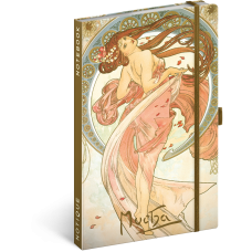 Keménytáblás notesz krémszínű lapokkal, vonalas, leszorító gumiszalaggal Alphonse Mucha – Dance 130x210mm, Presco Keménytáblás notesz krémszínű lapokkal, vonalas, leszorító gumiszalaggal Alphonse Mucha – Dance 130x210mm, Presco