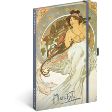 Keménytáblás notesz krémszínű lapokkal, vonalas, leszorító gumiszalaggal Alphonse Mucha – Music 130x210mm, Presco Keménytáblás notesz krémszínű lapokkal, vonalas, leszorító gumiszalaggal Alphonse Mucha – Music 130x210mm, Presco