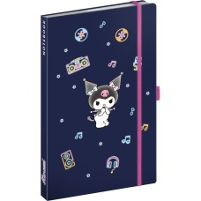 Keménytáblás notesz krémszínű lapokkal, vonalas, leszorító gumiszalaggal Kuromi 130x210mm, Presco Keménytáblás notesz krémszínű lapokkal, vonalas, leszorító gumiszalaggal Kuromi 130x210mm, Presco