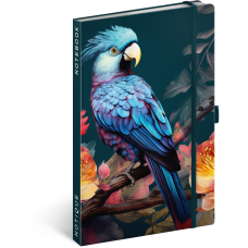 Keménytáblás notesz krémszínű lapokkal, vonalas, leszorító gumiszalaggal Parrot 130x210mm, Presco Keménytáblás notesz krémszínű lapokkal, vonalas, leszorító gumiszalaggal Parrot 130x210mm, Presco