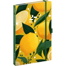 Keménytáblás tervező krémszínű lapokkal, kétheti beosztással, leszorító gumiszalaggal Lemons 130x210mm, Presco Keménytáblás tervező krémszínű lapokkal, kétheti beosztással, leszorító gumiszalaggal Lemons 130x210mm, Presco