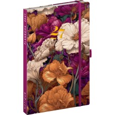 Keménytáblás tervező krémszínű lapokkal, kétheti beosztással, leszorító gumiszalaggal Vintage Flowers 130x210mm, Presco Keménytáblás tervező krémszínű lapokkal, kétheti beosztással, leszorító gumiszalaggal Vintage Flowers 130x210mm, Presco